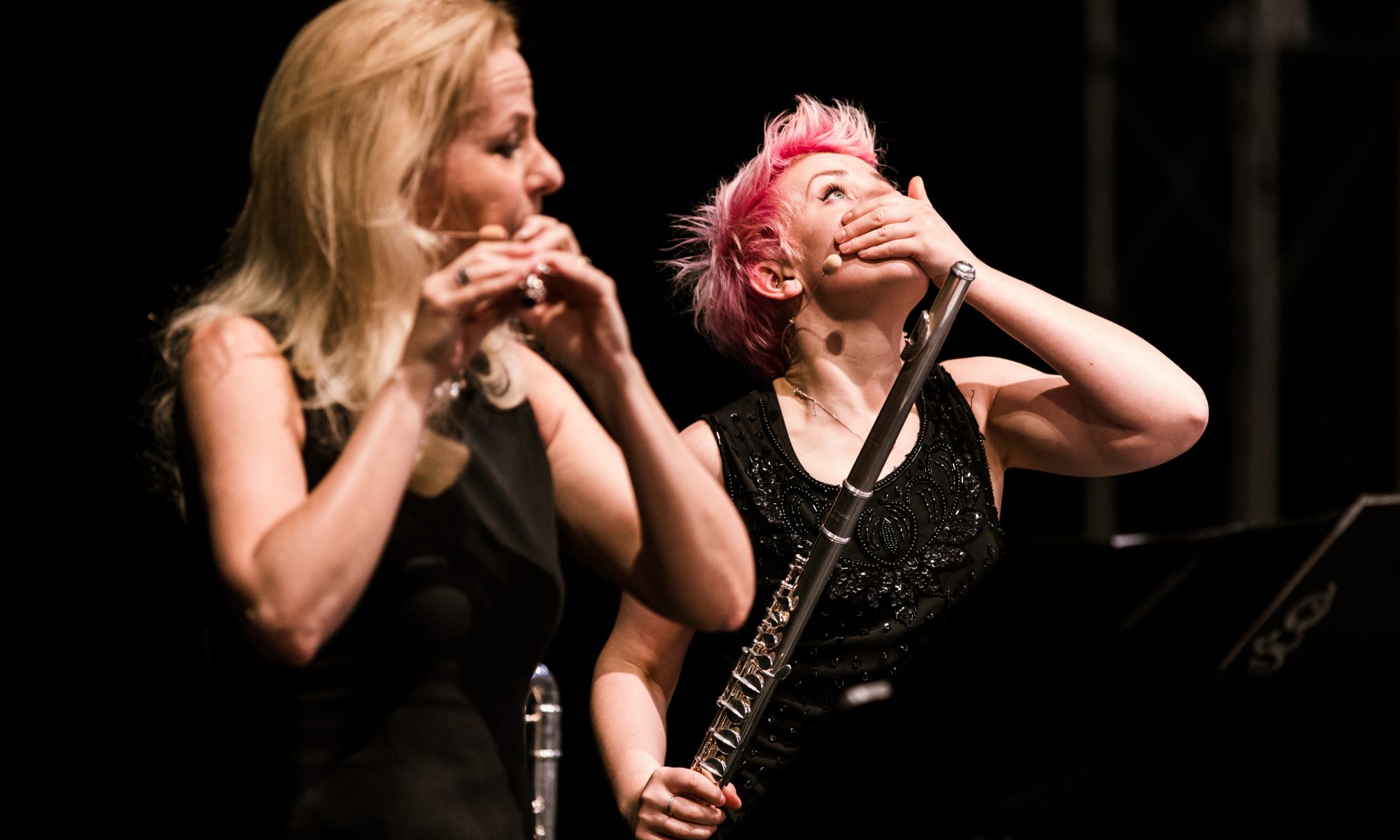 Paula Rae and Eliza Shephard perform Dobromila Jaskot's Hgrrrsht scored for two amplified flutes and throats